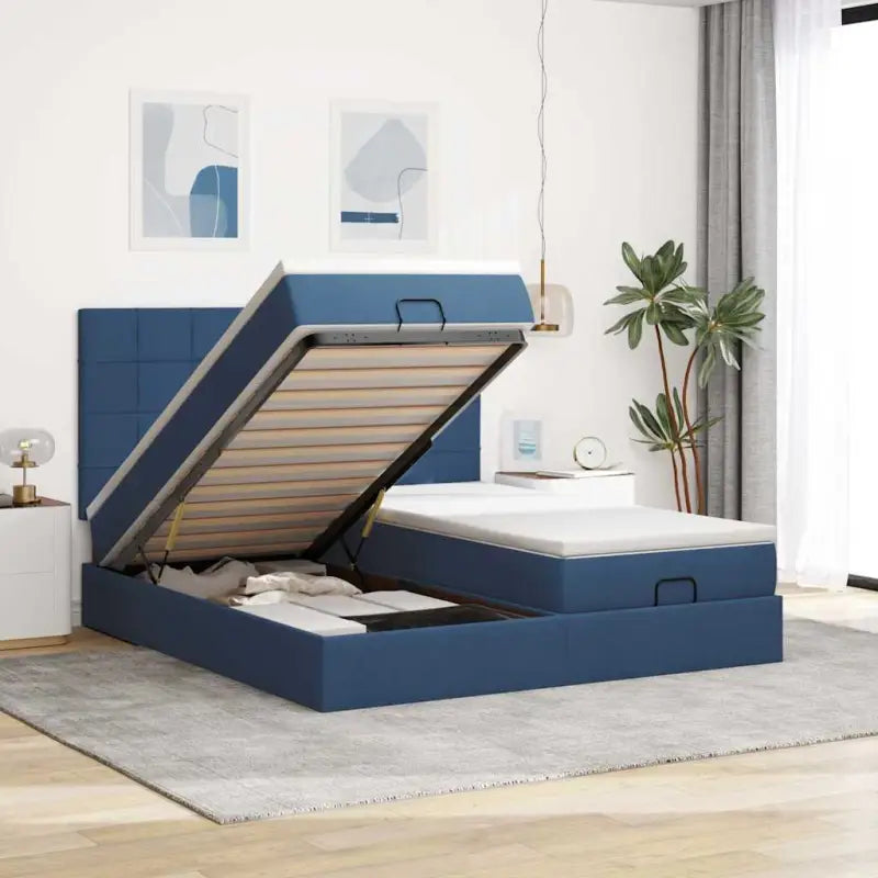 Lichtgrijs Ottomaanse Bed met ruime opbergruimte en comfortabel matras - Blauw / 160 x 200 cm / Blok met vierkanten
