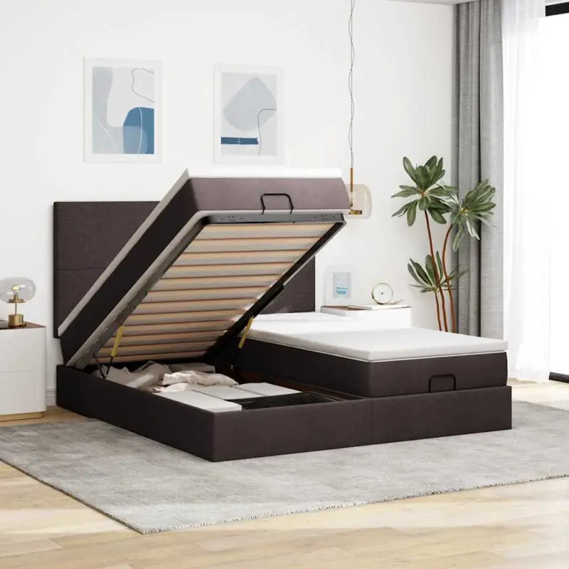Lichtgrijs Ottomaanse Bed met ruime opbergruimte en comfortabel matras - Donkerbruin / 160 x 200 cm / Effen ontwerp