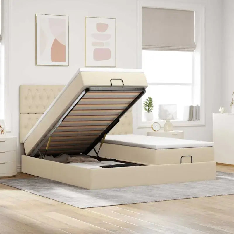 Lichtgrijs Ottomaanse Bed met ruime opbergruimte en comfortabel matras - Crème / 160 x 200 cm / Getuft ontwerp - Bedden