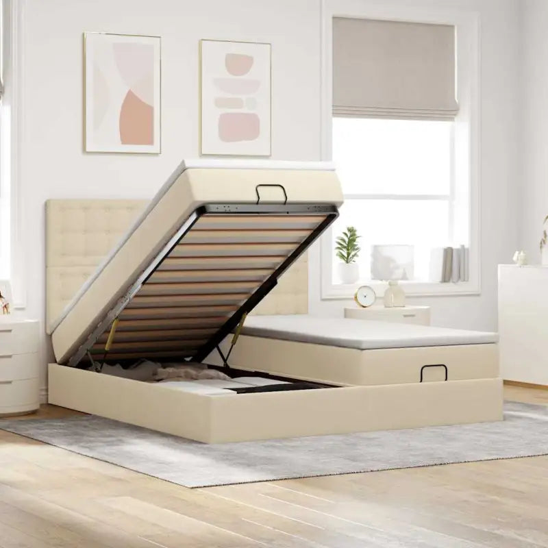 Lichtgrijs Ottomaanse Bed met ruime opbergruimte en comfortabel matras - Crème / 160 x 200 cm / knopen - Bedden &