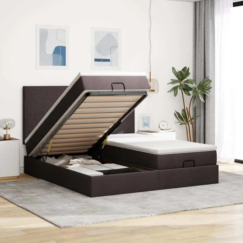 Lichtgrijs Ottomaanse Bed met ruime opbergruimte en comfortabel matras - Donkerbruin / 200 x 200 cm / Effen ontwerp