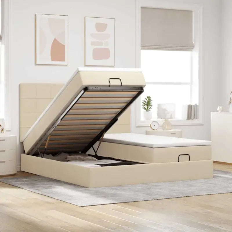 Lichtgrijs Ottomaanse Bed met ruime opbergruimte en comfortabel matras - Crème / 200 x 200 cm / Blok met vierkanten