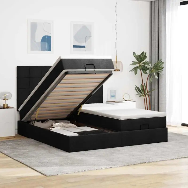 Lichtgrijs Ottomaanse Bed met ruime opbergruimte en comfortabel matras - Zwart / 160 x 200 cm / Blok met vierkanten