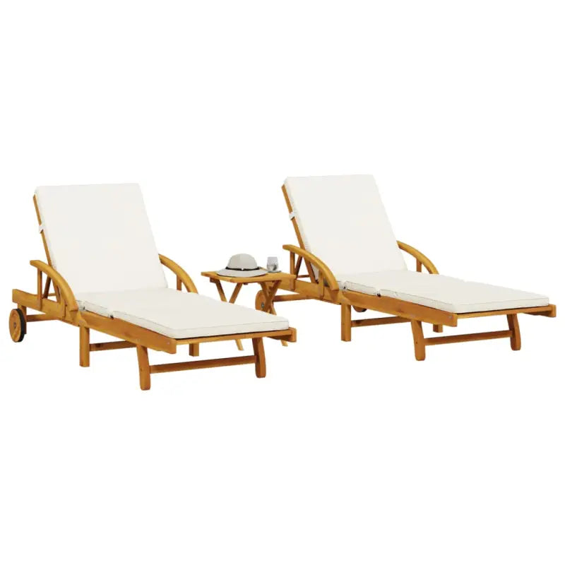 Ligstoel van massief acaciahout met uittrekbare tafel en natuurlijke olieafwerking - Crème / 2 / Met tafel - Ligstoelen