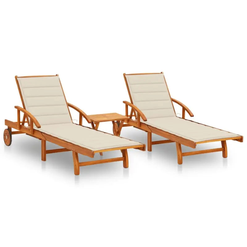 Ligstoel van massief acaciahout voor tuin en terras - Crème / 1 / 2 ligbedden met tafel - Ligstoelen