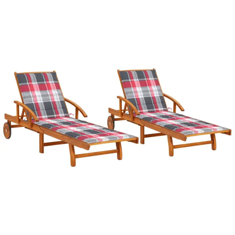 Ligstoel van massief acaciahout voor tuin en terras - Rood ruitpatroon / 1 / 2 ligbedden - Ligstoelen