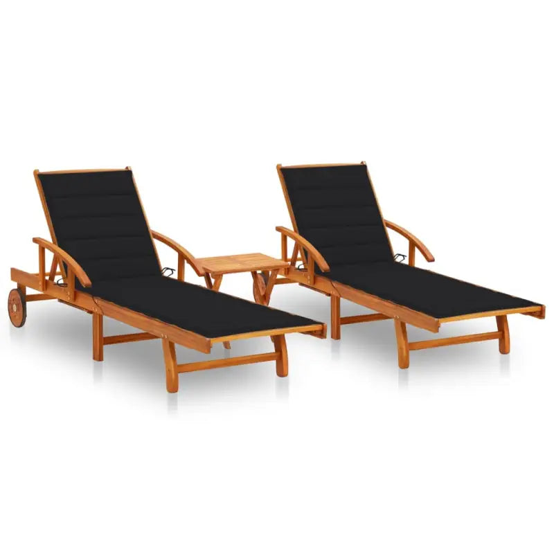 Ligstoel van massief acaciahout voor tuin en terras - Zwart / 1 / 2 ligbedden met tafel - Ligstoelen
