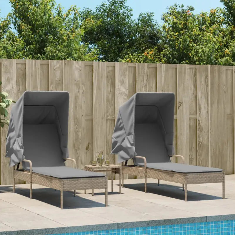 Ligstoelen met poly rattan en uitschuifbare luifel voor buiten genieten - Beige en grijs / 1 - Ligstoelen