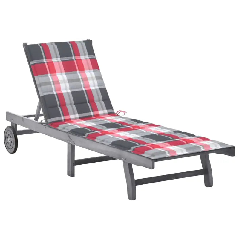 Ligstoelen van massief acaciahout met greywash afwerking voor buiten - Rood ruitpatroon / 200 x 63 x 85 cm / 1