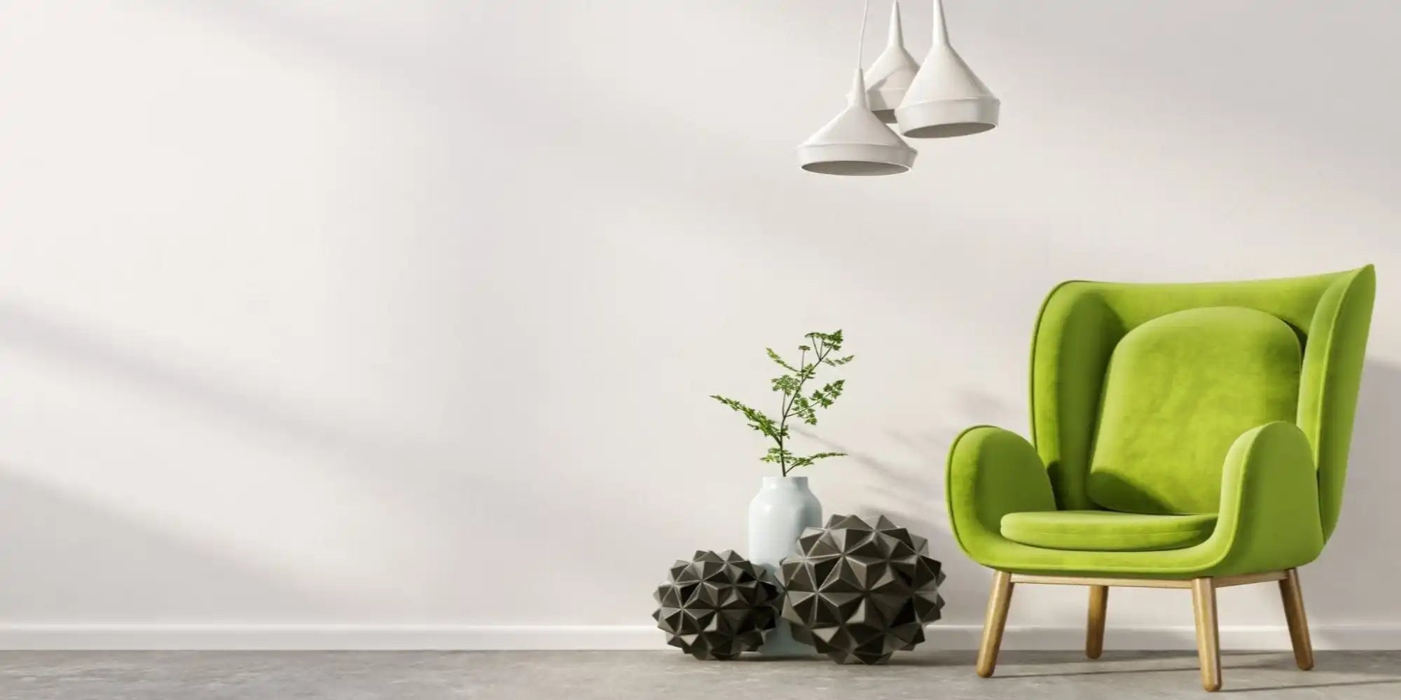 Lime-green wingback armchair with wooden legs.