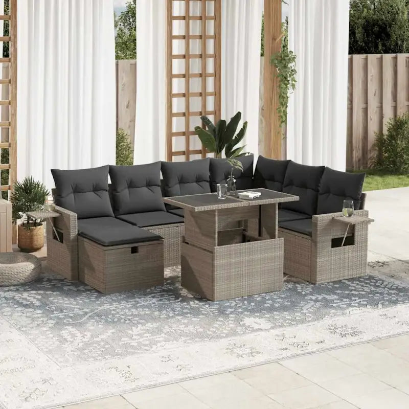 Lounge set in beige materiaal en gepoedercoat staal met afmetingen - Lichtgrijs / Met tafel - Tuinsets