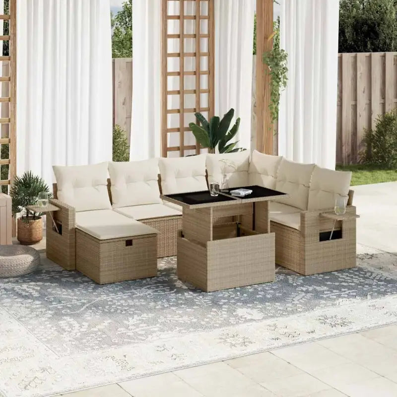 Lounge set in beige materiaal en gepoedercoat staal met afmetingen - beige en crèmekleurig / Met tafel - Tuinsets