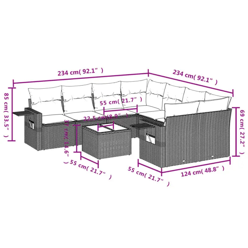 Lounge set in zwart materiaal met gepoedercoat staal en afmetingen - Tuinsets