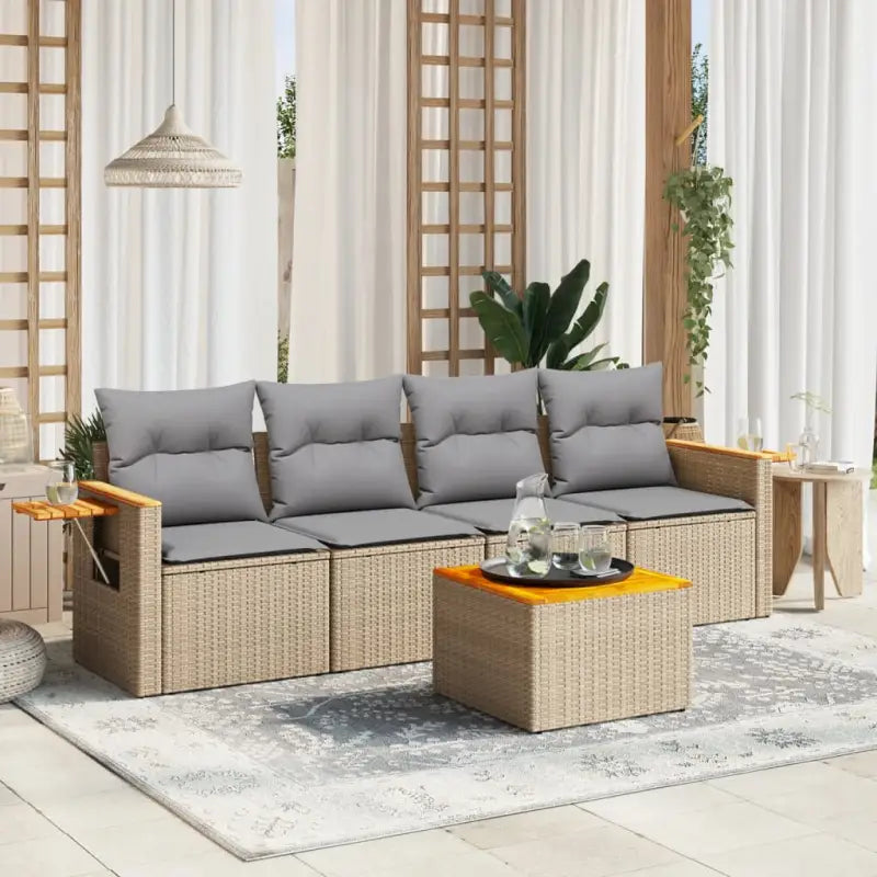 Lounge set met poly rattan en beige materiaal voor tuin en terras - Beige en grijs / Met tafel - Tuinsets
