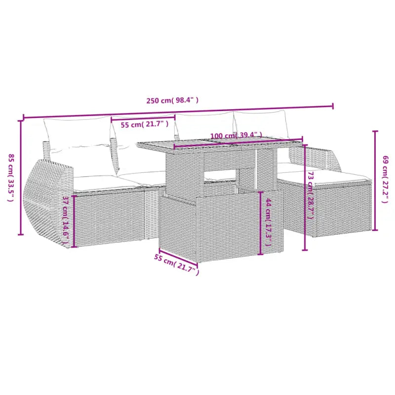 Lounge tuinset in grijs materiaal met gepoedercoat staal en afmetingen - Grijs / 2x midden + 2x hoek + voetensteun