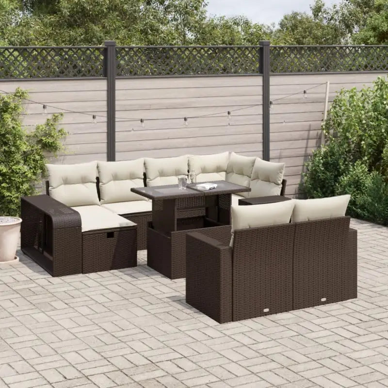 Lounge tuinset in zwart materiaal met gepoedercoat staal afmetingen - Bruin en crème / Glas - Tuinsets