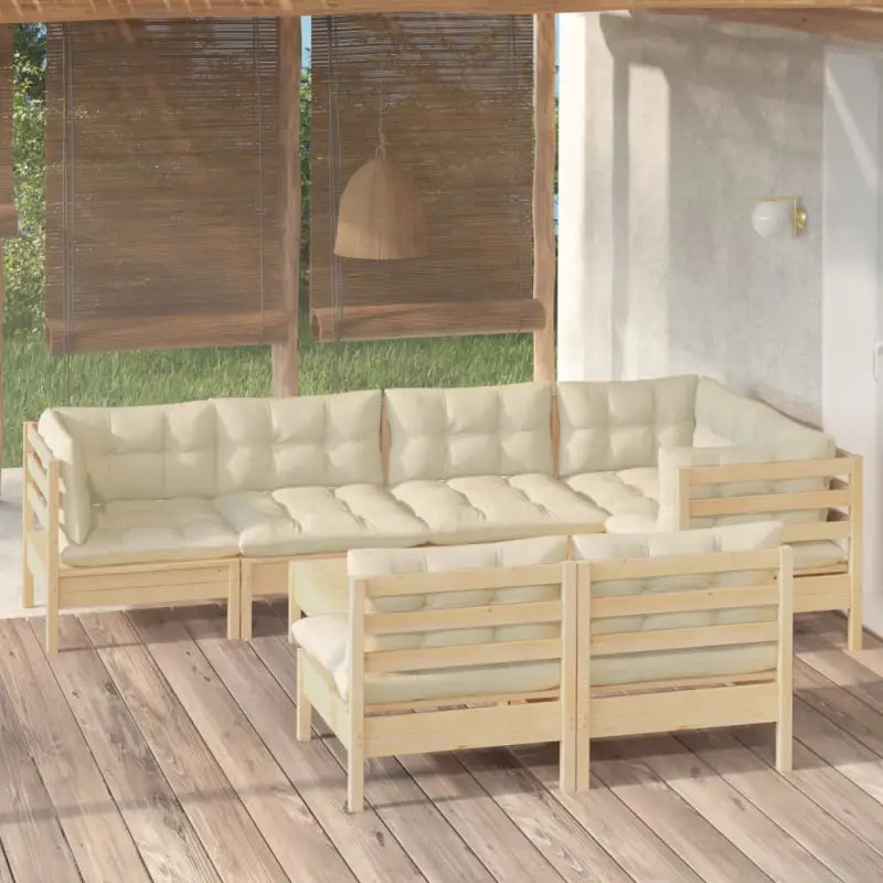 Lounge tuinset met massief grenenhout en voetenbank tafel - Bruin en crème - Tuinsets