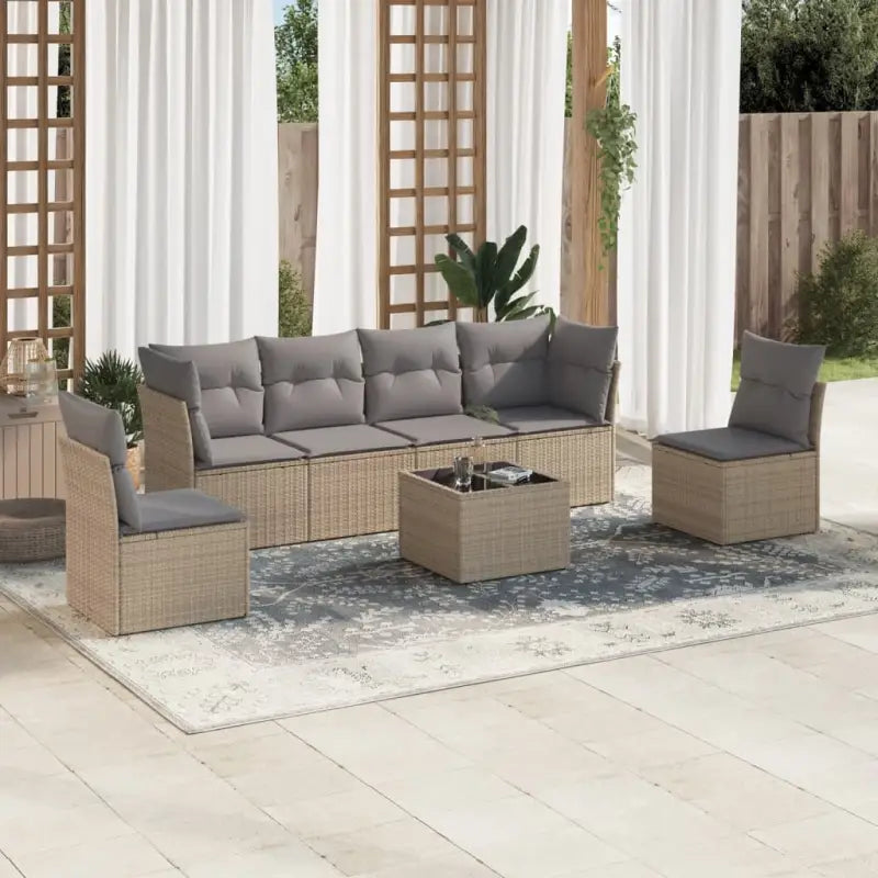 Lounge tuinset met poly rattan en comfortabele zitervaring in gepoedercoat staal - Beige en grijs / Met tafel - Tuinsets