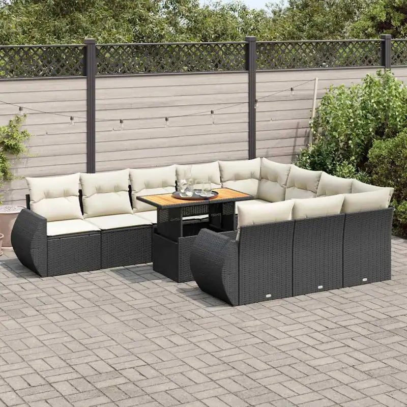 Lounge Tuinset met zwart materiaal en gepoedercoat staal afmetingen - Zwart en crème / Tafel + 6x midden + 4x hoek