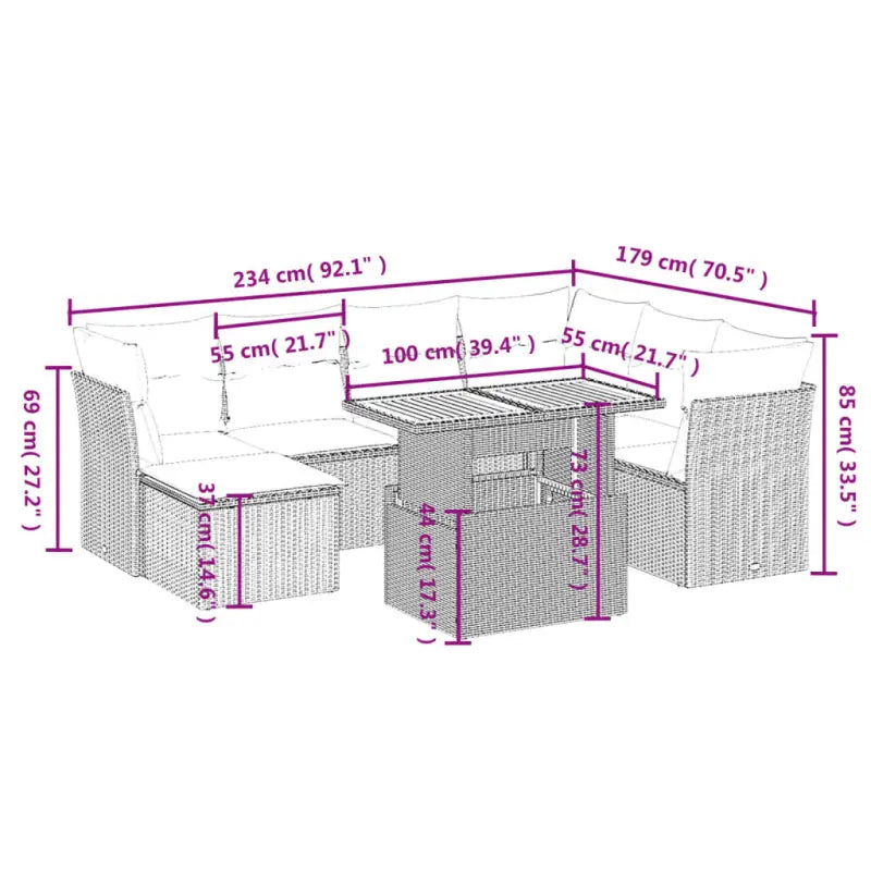 Lounge tuinset van grijs materiaal en gepoedercoat staal met afmetingen - Tuinsets