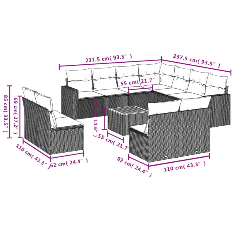 Lounge tuinset van grijs materiaal met gepoedercoat staal en afmetingen - Tuinsets