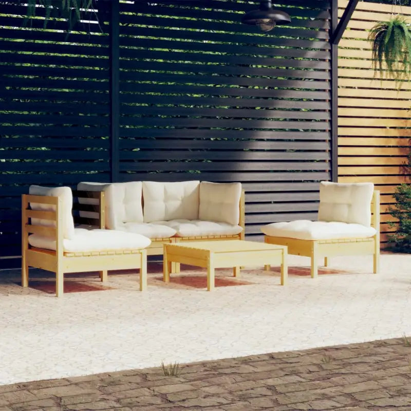 Lounge tuinset van massief grenenhout met voetenbank en tafel - Bruin en crème - Tuinsets