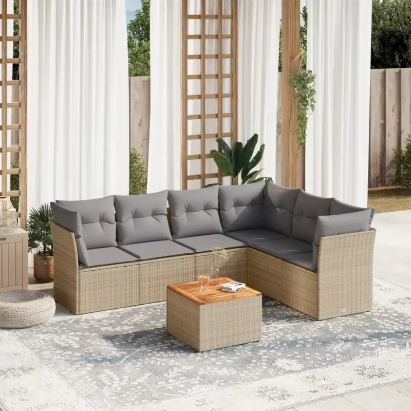 Lounge tuinset van poly rattan en gepoedercoat staal met gunstige afmetingen - Beige en grijs / 3x hoek + Tafel + 3x