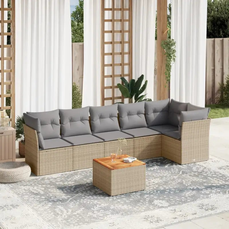 Lounge tuinset van poly rattan en gepoedercoat staal met gunstige afmetingen - Beige en grijs / Tafel + 3x hoek + 3x