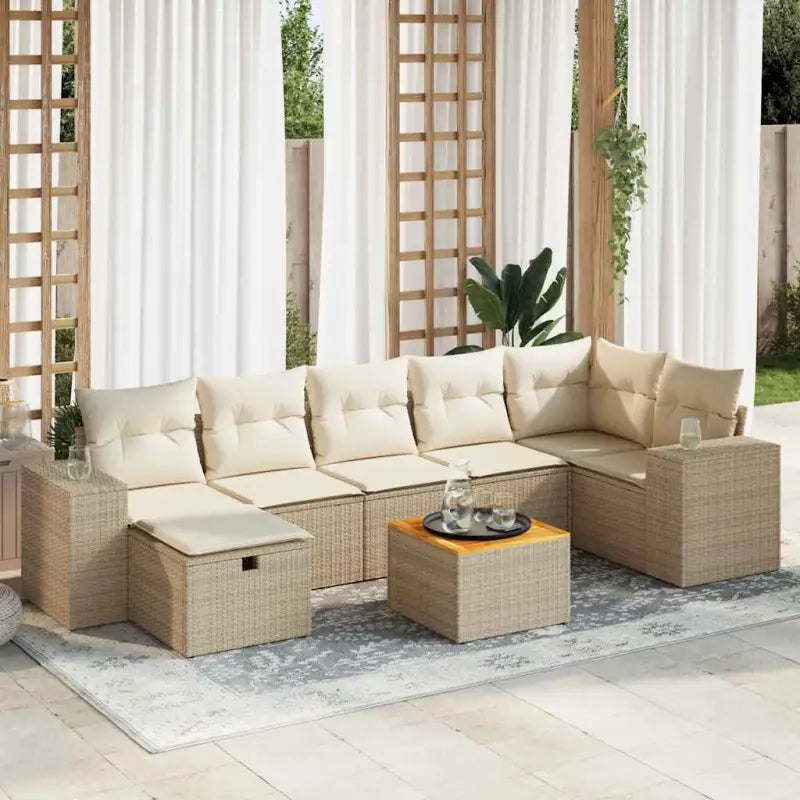 Loungebank met beige materiaal en gepoedercoat staal afmetingen - beige en crèmekleurig / Tafel + 3x midden + 3x hoek