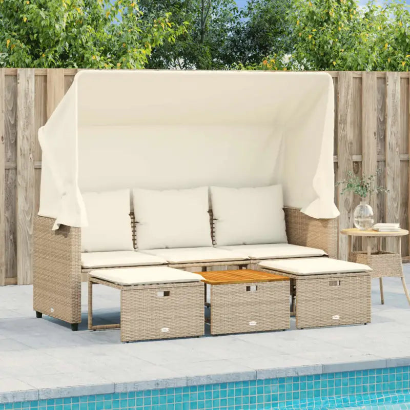 Loungebank met luifel en voetenbanken van poly rattan met gepoedercoat staal - Loungebanken