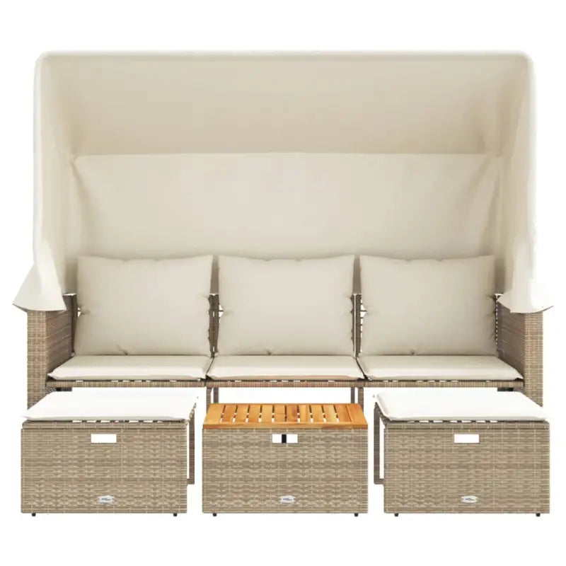 Loungebank met luifel en voetenbanken van poly rattan met gepoedercoat staal - Loungebanken