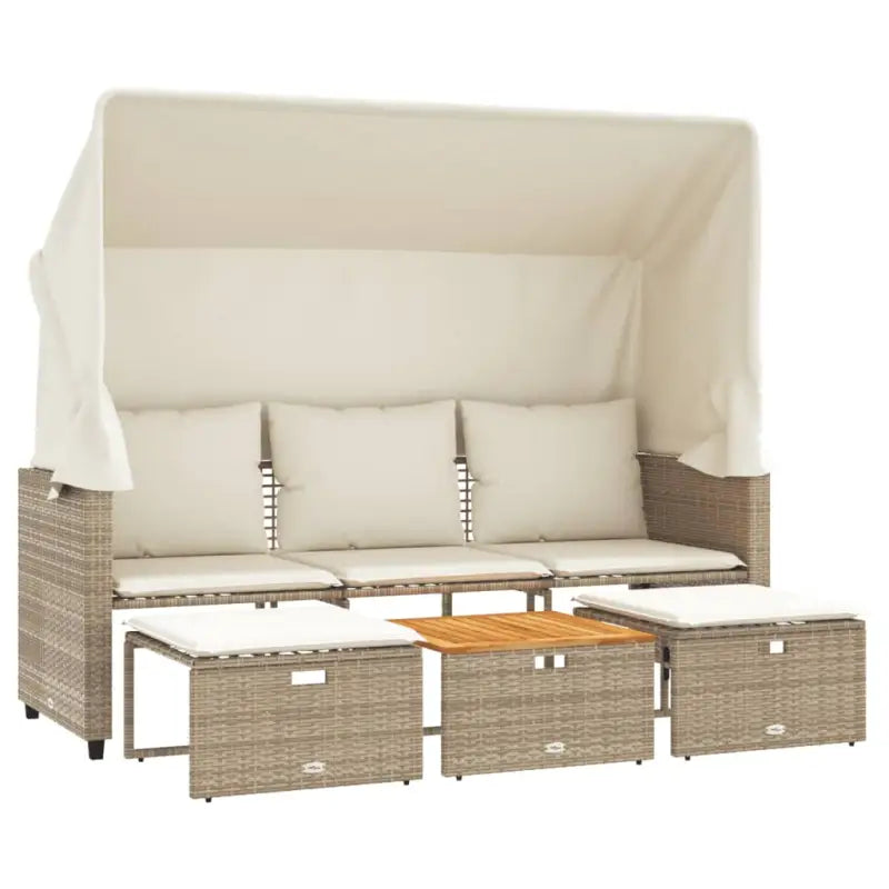 Loungebank met luifel en voetenbanken van poly rattan met gepoedercoat staal - Loungebanken