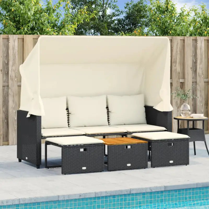Loungebank met luifel en voetenbanken van poly rattan met gepoedercoat staal - Zwart / 1 - Loungebanken