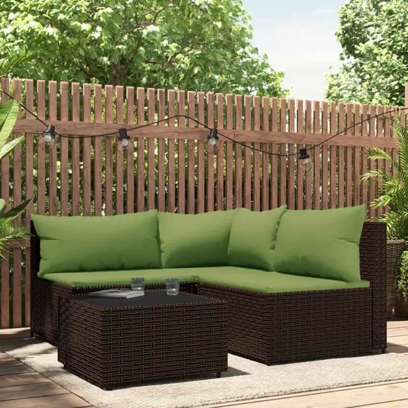 Loungebank met poly rattan en afmetingen kussen voor tuinplezier - Bruin en groen / 1 / hoek + 2x midden + Tafel