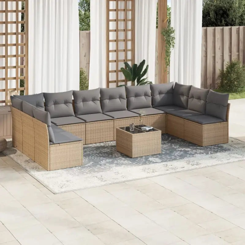 Loungebank met poly rattan en gepoedercoat staal voor de tuin - Beige en grijs / Met tafel - Tuinsets