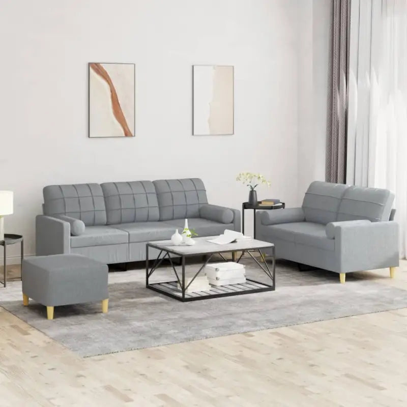 Loungebank met ruime zitbreedte en totale afmetingen voor in huis - Lichtgrijs / met kussens en voetenbankje - Banken