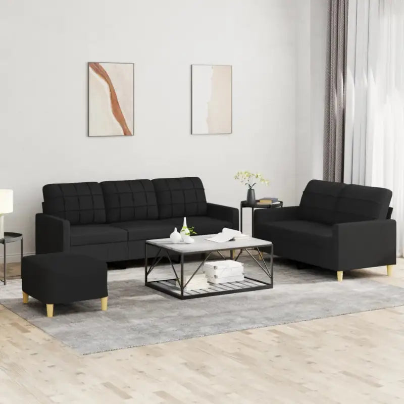 Loungebank met ruime zitbreedte en totale afmetingen voor in huis - Zwart / met kussens en voetenbankje - Banken