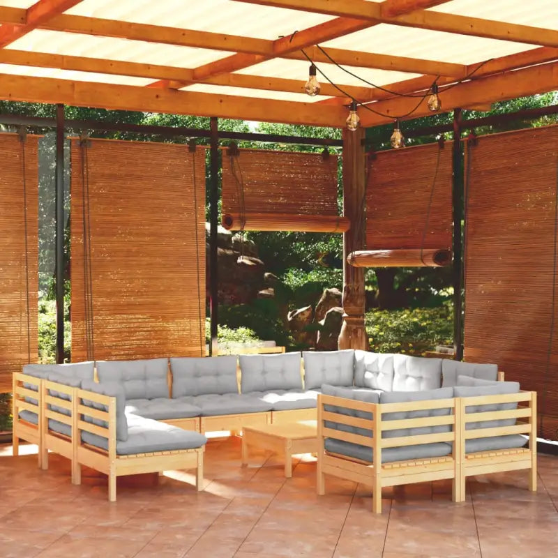 Loungebank met voetenbank en tafel van massief grenenhout - Bruin en grijs - Tuinsets
