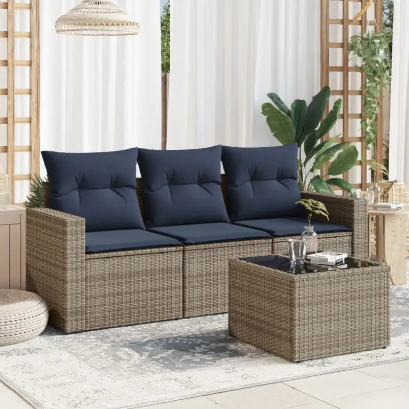 Loungebank set in zwart materiaal met gepoedercoat staal afmetingen - Beige en grijs / Met tafel - Tuinsets