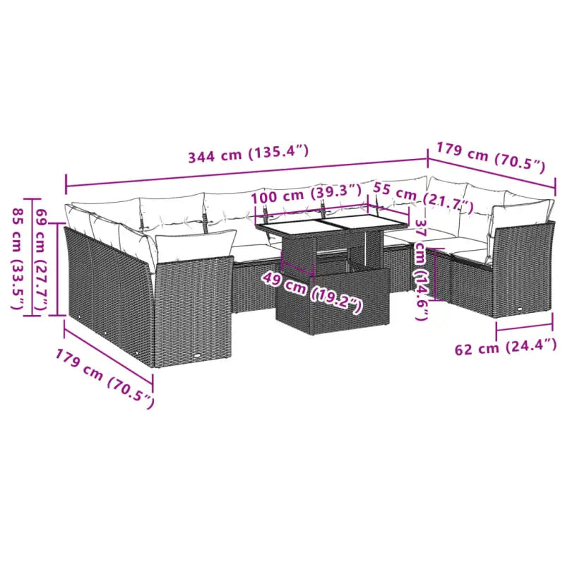 Loungebank set met beige materiaal en gepoedercoat staal afmetingen - Tuinsets