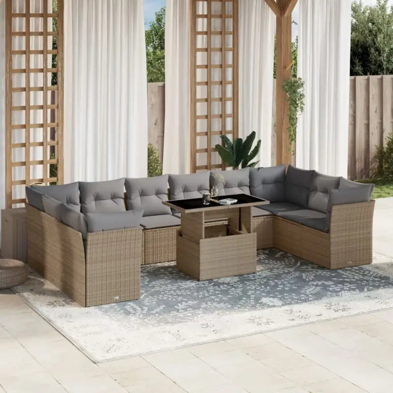 Loungebank set met beige materiaal en gepoedercoat staal afmetingen - Beige en grijs / Met tafel - Tuinsets