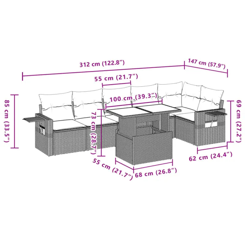 Loungebank set met beige materiaal en gepoedercoat staal afmetingen - Tuinsets