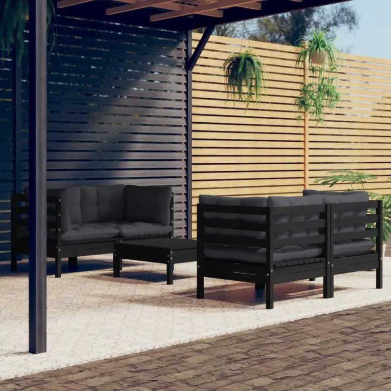 Loungebank set van massief grenenhout met voetenbank en rugkussens - Zwart - Tuinsets