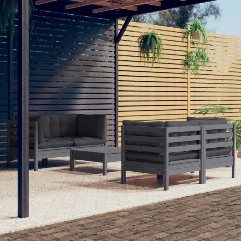 Loungebank set van massief grenenhout met voetenbank en rugkussens - Grijs - Tuinsets