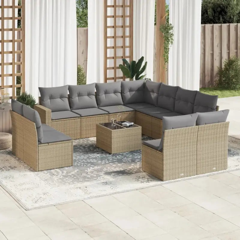 Loungebank van beige materiaal en gepoedercoat staal voor tuinmetragings - Beige en grijs / Met tafel - Tuinsets