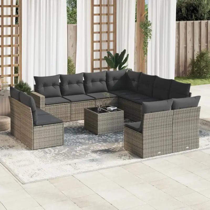 Loungebank van beige materiaal en gepoedercoat staal voor tuinmetragings - Grijs / Met tafel - Tuinsets