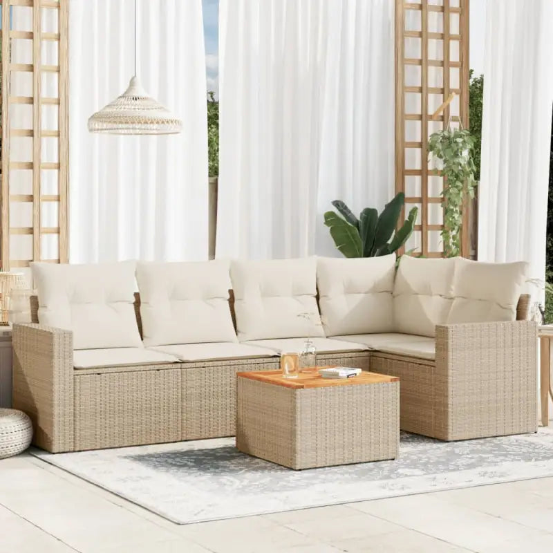 Loungebank van gemengd beige materiaal voor tuin of terras - beige en crèmekleurig / hoek + 2x midden + Tafel - Tuinsets