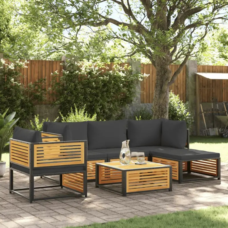 Loungebank van massief acaciahout en gepoedercoat staal voor comfort - Antraciet / 2x hoek + Fauteuil + midden