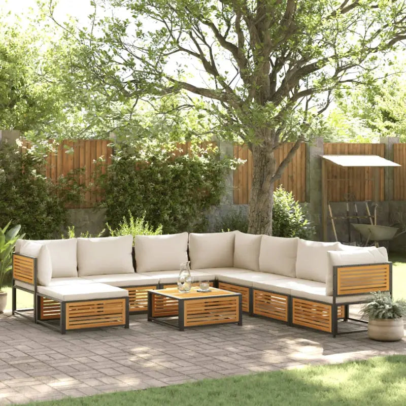 Loungebank van massief acaciahout en gepoedercoat staal voor comfort - Crème / 3x hoek + 4x midden + voetensteun