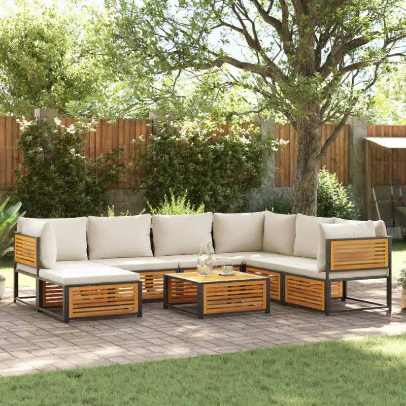 Loungebank van massief acaciahout en gepoedercoat staal voor comfort - Crème / 3x hoek + 3x midden + voetensteun